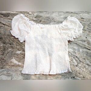NEW! SHEIN White Smocked Eyelet Puff Sleeve Top - Size Large